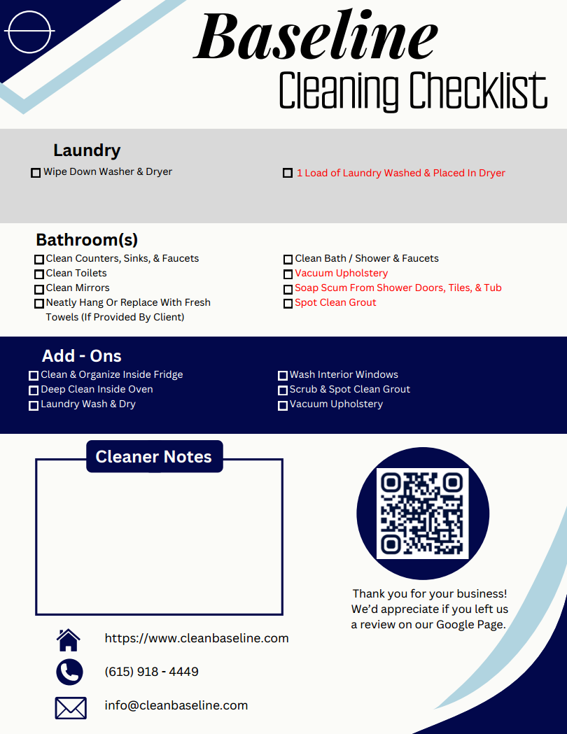 Baseline package comparison checklist showing Deep Clean tasks, add-ons, and cleaner notes area.